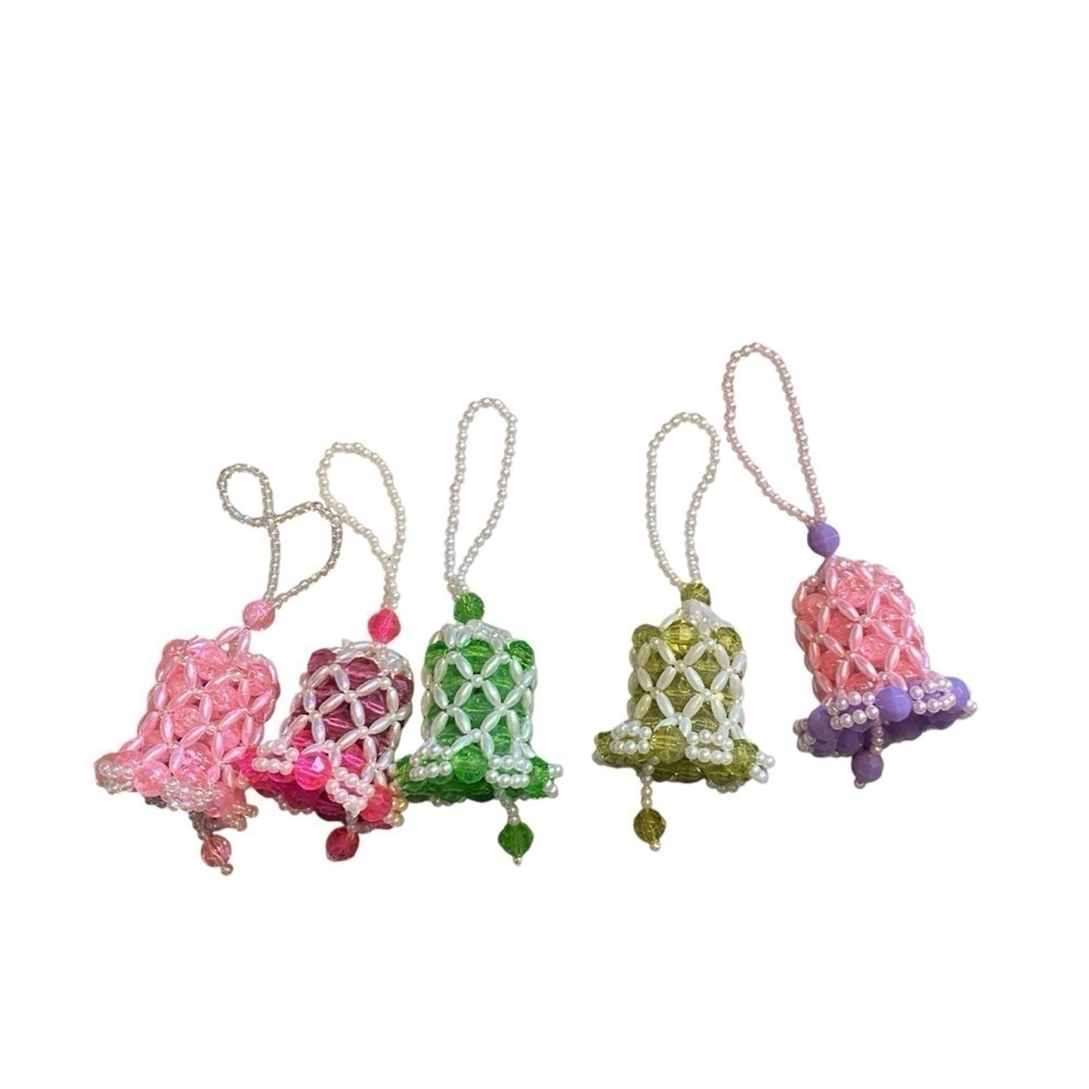 Vintage Handmade Beaded Bell Ornament Lot Bundle Pink Green Yellow Purple